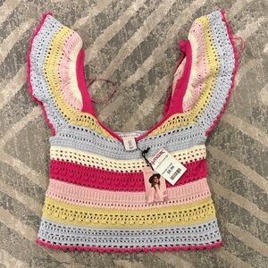 Crochet Striped Crop Top in Pink, Yellow & Light Blue